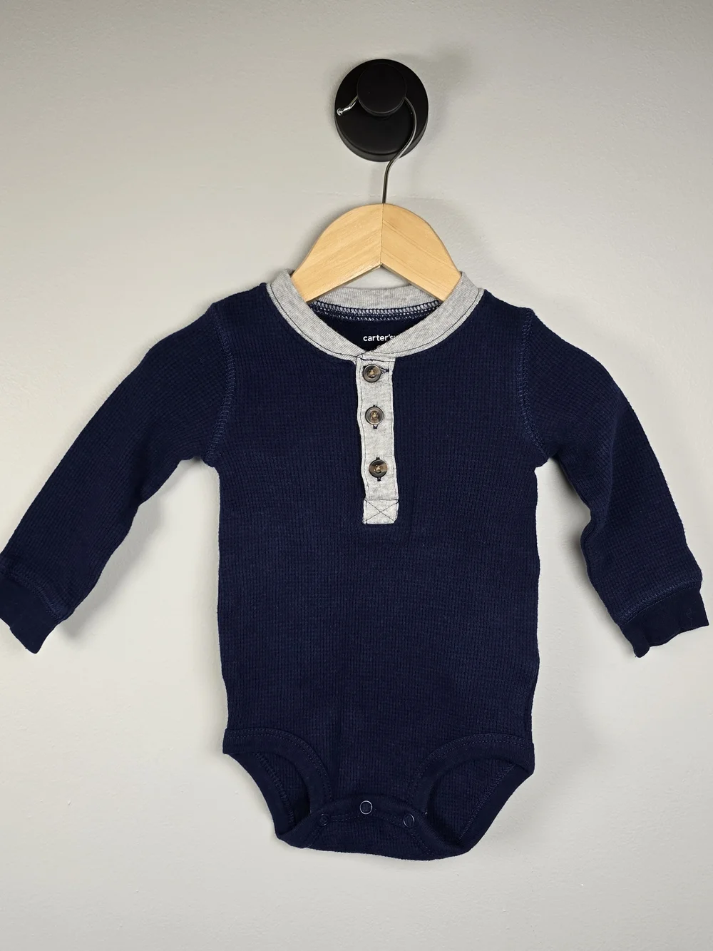Carter's Long-Sleeve Waffle Knit Henley One-Piece Bodysuit - Navy & White Bundle